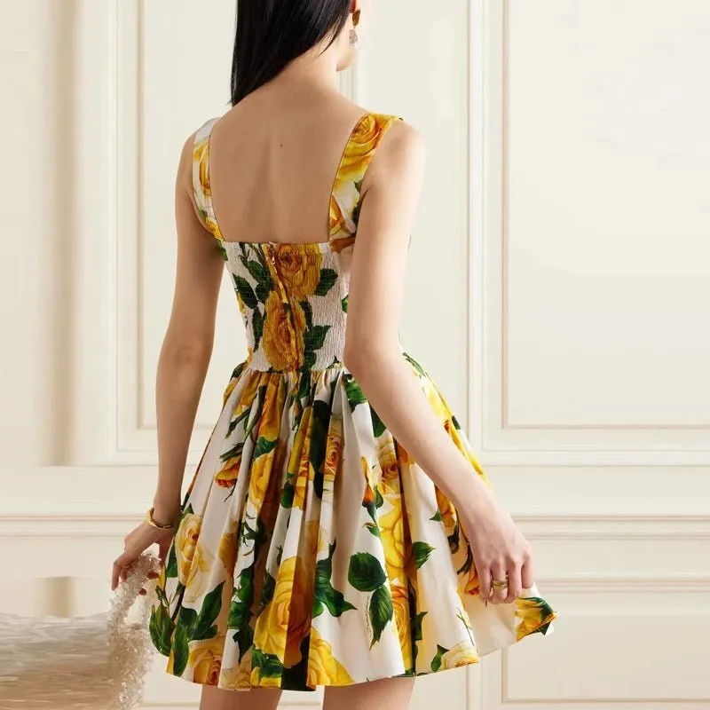 Yellow Rose Floral Print Mini Dress