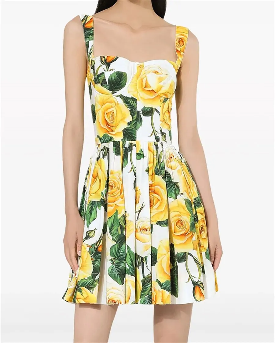 Yellow Rose Floral Print Mini Dress