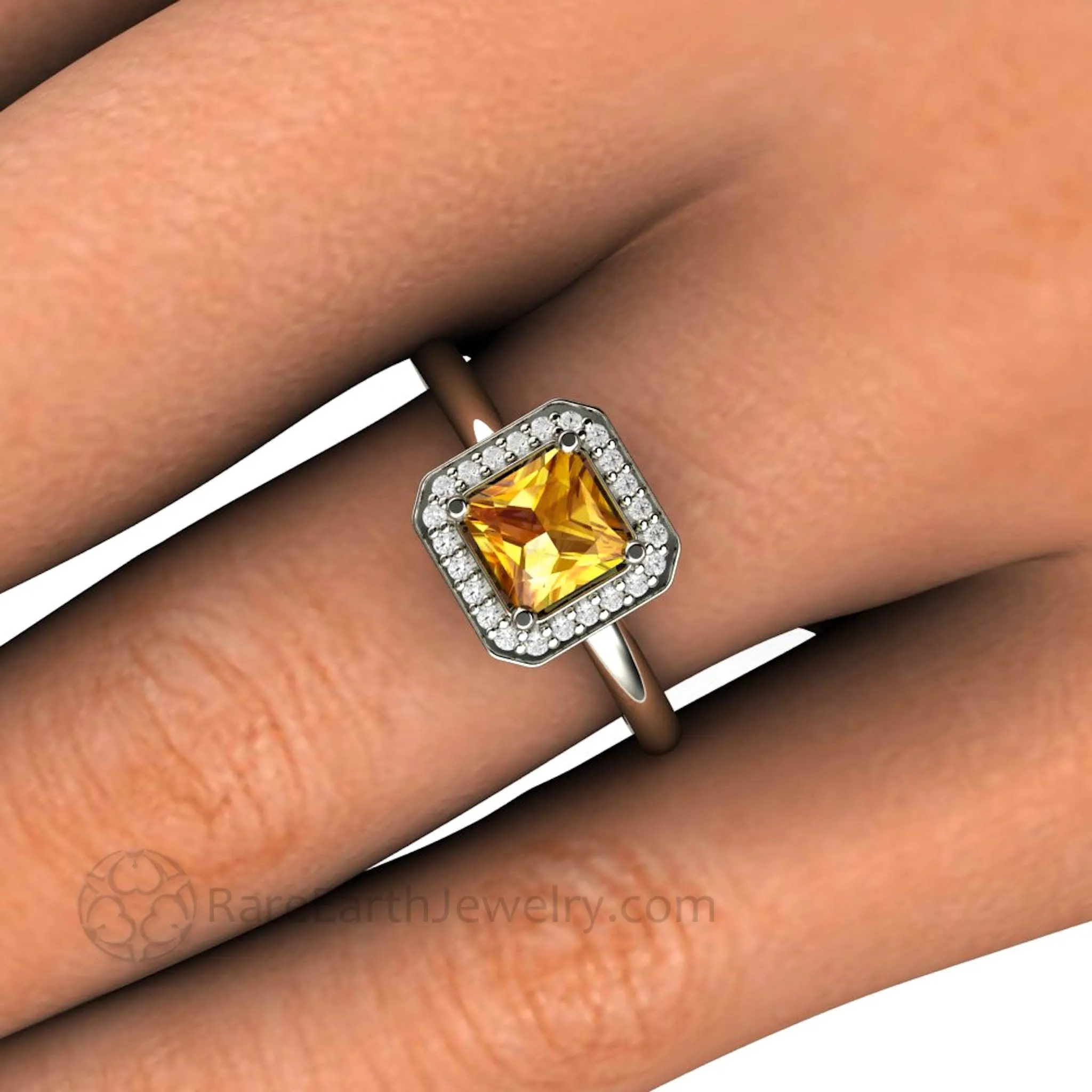 Yellow Sapphire Engagement Ring Princess Cut with Diamond Halo