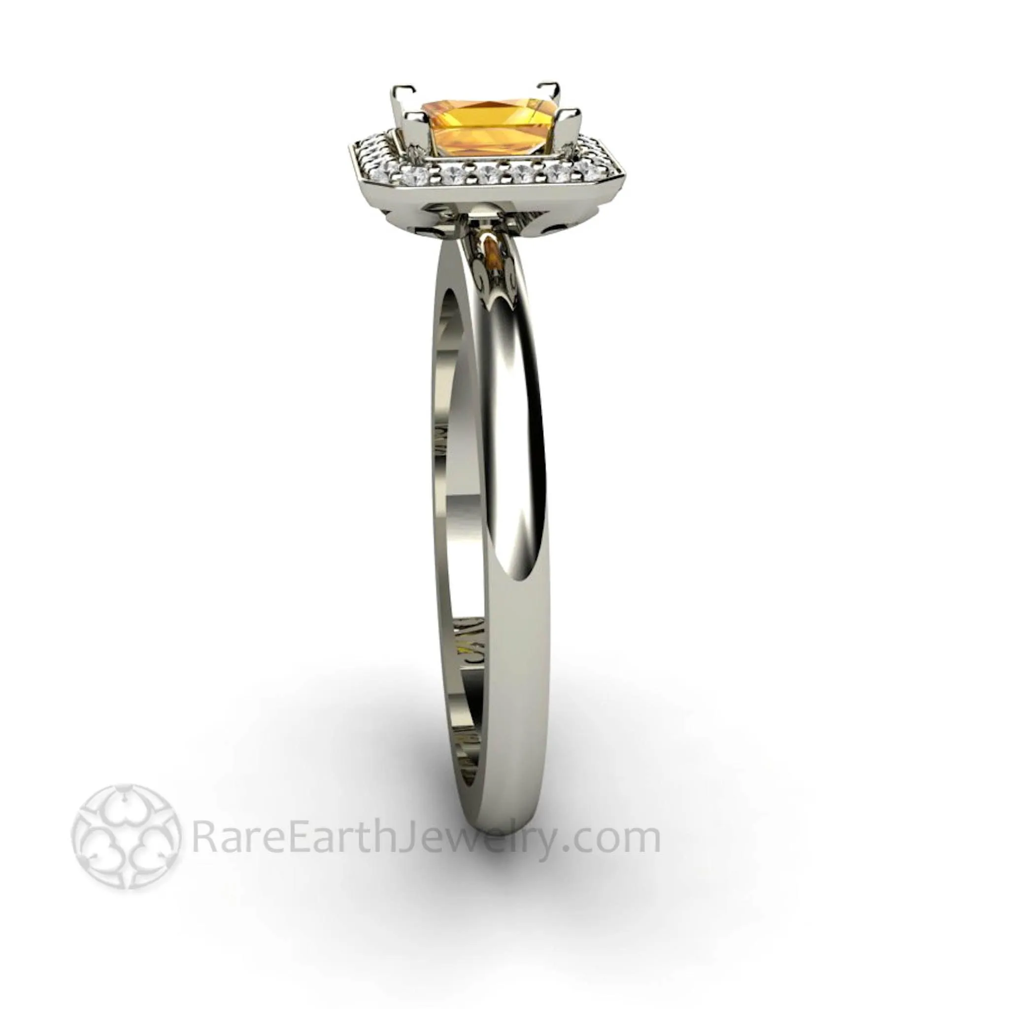 Yellow Sapphire Engagement Ring Princess Cut with Diamond Halo