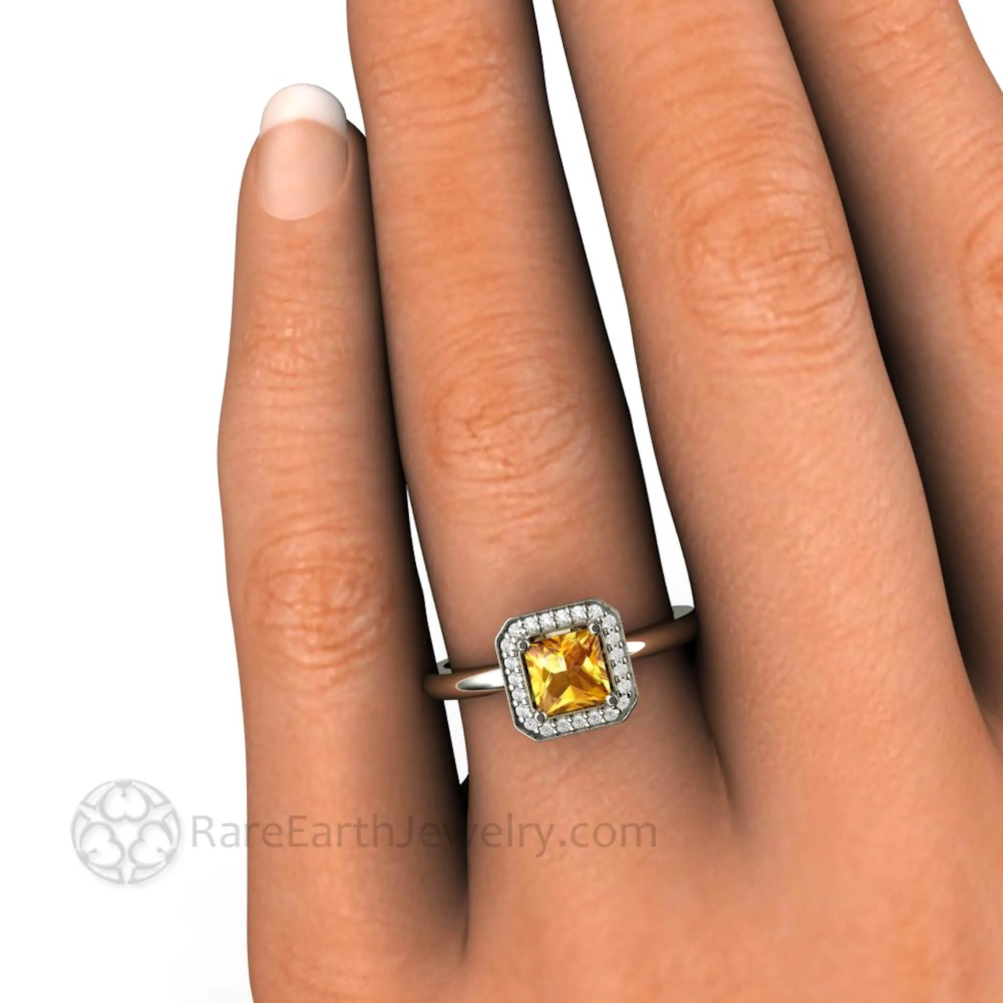 Yellow Sapphire Engagement Ring Princess Cut with Diamond Halo