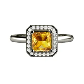 Yellow Sapphire Engagement Ring Princess Cut with Diamond Halo